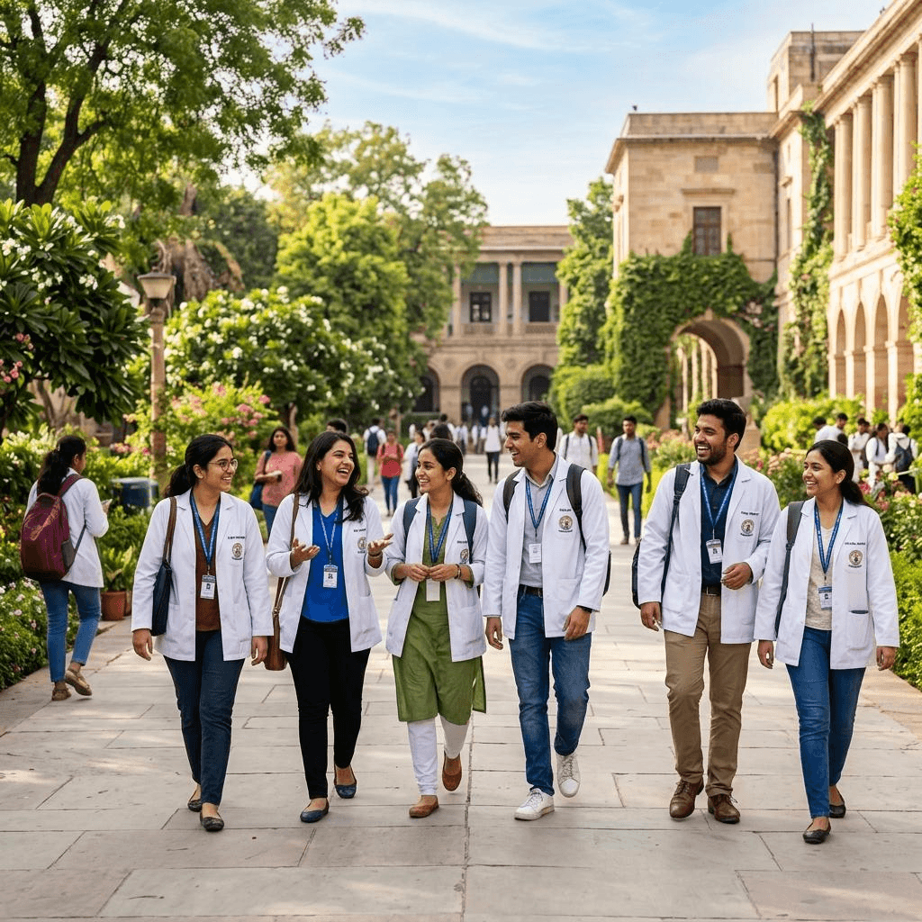 Indian medical students walking together on a university campus